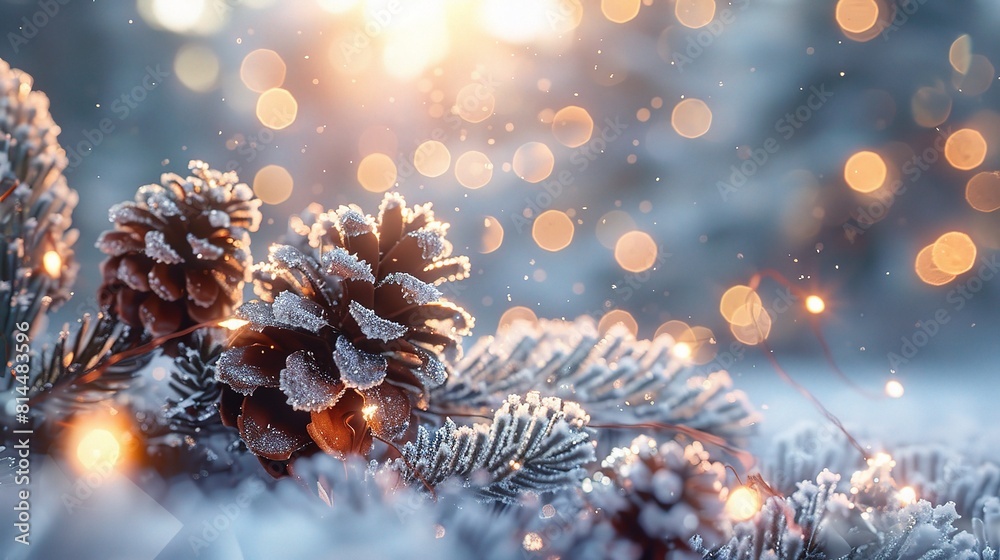 Festive winter background with pine cones and fir branches, perfect for Christmas decorations or holiday greeting cards Festive winter background with pine cones and fir branches, perfect for Christmas decorations or holiday greeting cards