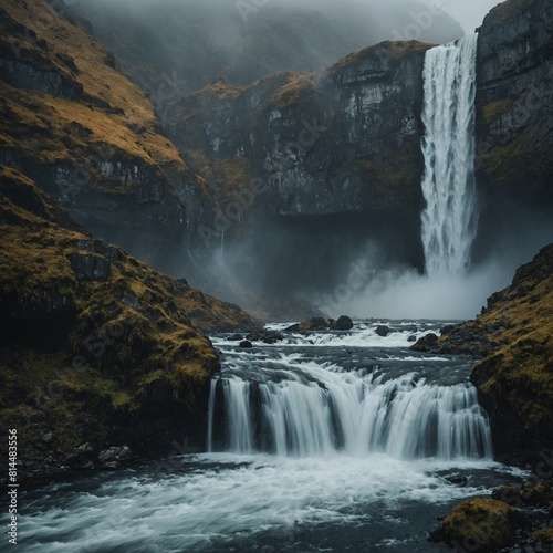 A majestic waterfall plunging into a mist-filled gorge.  