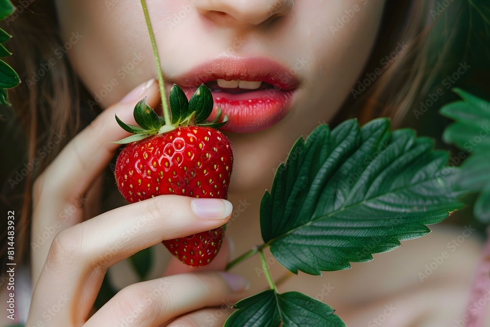 A young girl picks a large juicy ripe strawberry.