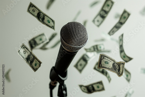Dynamic microphone surrounded by falling dollar bills, symbolizing the lucrative nature of the entertainment industry - AI generated