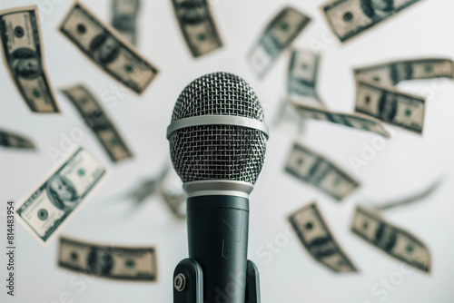 Dynamic microphone surrounded by falling dollar bills, symbolizing the lucrative nature of the entertainment industry - AI generated