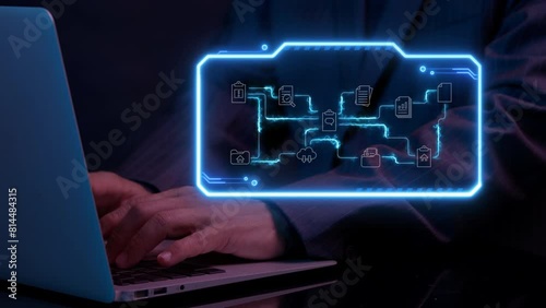 Business process and workflow automation with flowchart. Business and technology concept. Businessman working with computer laptop to show neon line of arranging processing management.