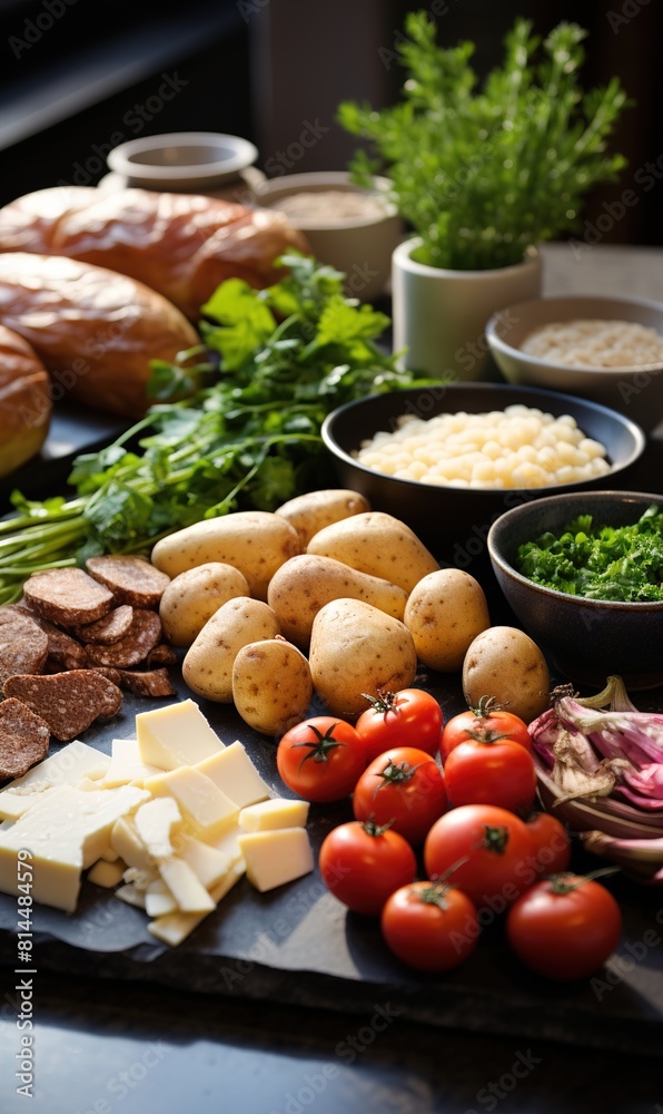 Ingredients for cooking on white stone table. Ingredients for cooking on white stone table.