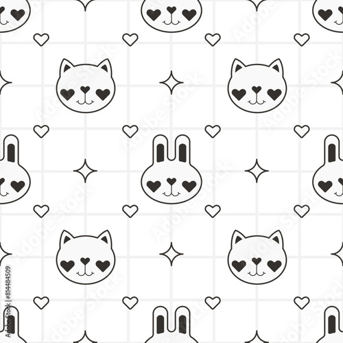 Cute Rabbit and Cat Pattern Background Black and White