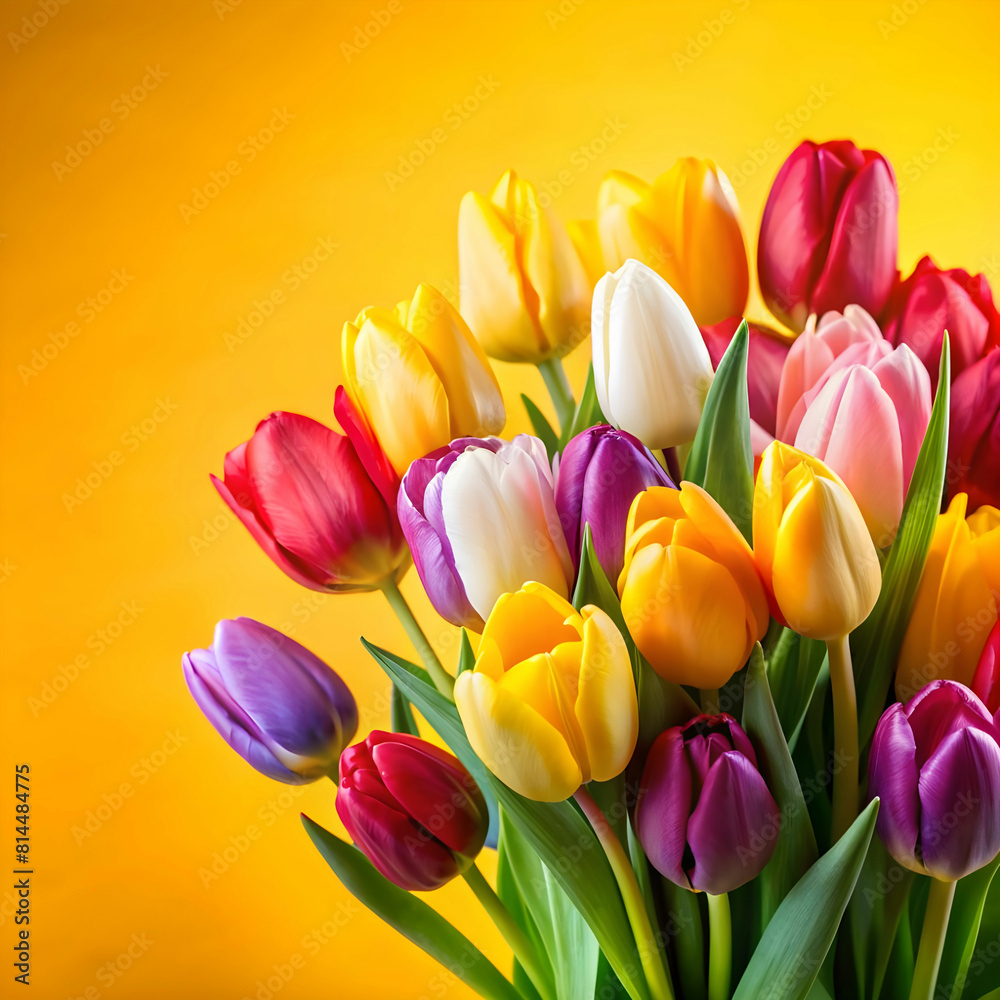 Fototapeta premium bouquet of multicolored tulips on yellow background