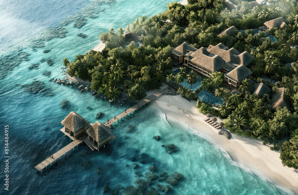 An aerial view of an island in the Maldives with white sandy beaches, turquoise waters and a luxurious overwater Coco Noire resort with wooden architecture and clear blue skies
