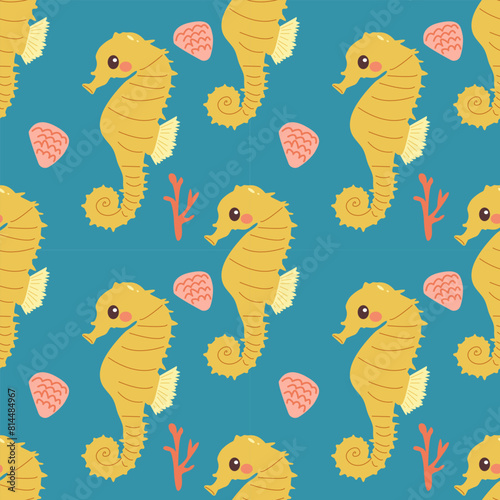 Vector Seamless Pattern whith Seahorse. Yellow Thorny Hippocampus and Red Coral Isolated on blue Background. Use for Sea Wallpaper, Gift Wrap or Wrapping Paper photo