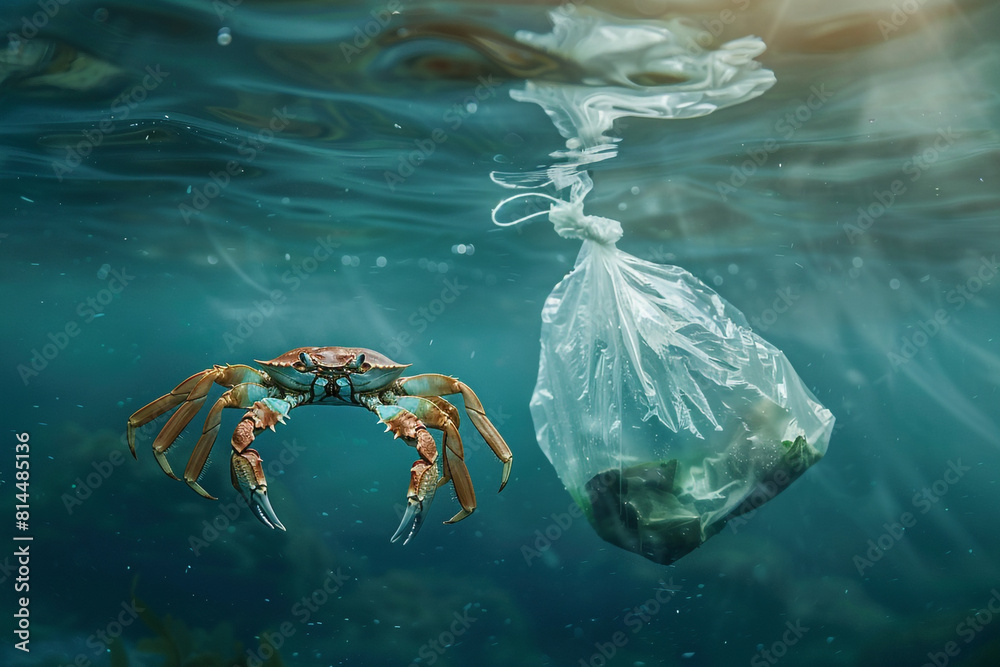 Fototapeta premium A solitary crab gracefully navigates through the oceans depths, encountering a drifting plastic bag, a stark symbol of the pervasive plastic pollution threatening marine life