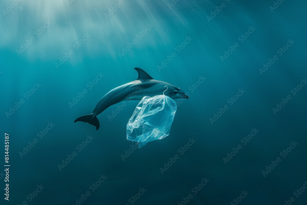 Obraz premium A solitary dolphin gracefully navigates through the oceans depths, encountering a drifting plastic bag, a stark symbol of the pervasive plastic pollution threatening marine life 