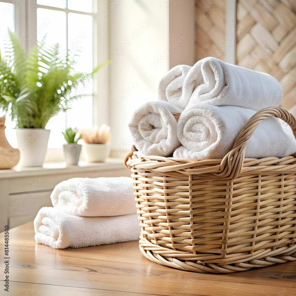 Laundry basket with towels. washing machine in the background. professional photo.