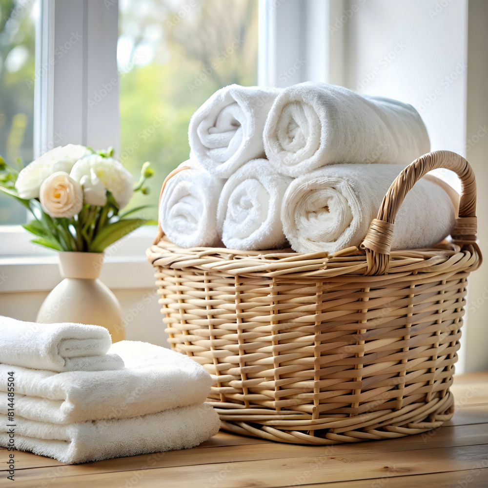 Laundry basket with towels. washing machine in the background. professional photo.