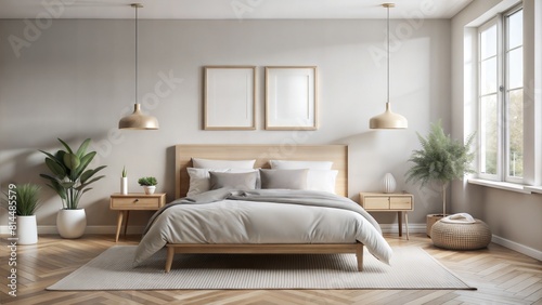 Scandinavian Bedroom Frame Mockup  A Scandinavian-style bedroom with a frame mockup hung above a bed or on a bedside table  featuring clean lines and neutral tones for a serene atmosphere.  
