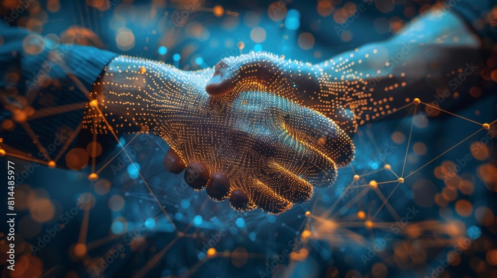 Two people join hands with AI, between Ai in business and for the future. Two people join hands with AI, between Ai in business and for the future.