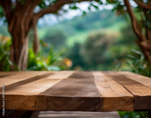table on grass background close-up  the rustic charm of an empty wooden table nestled amidst a lush outdoor backdrop 