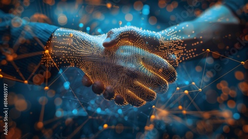 Two people join hands with AI, between Ai in business and for the future. photo