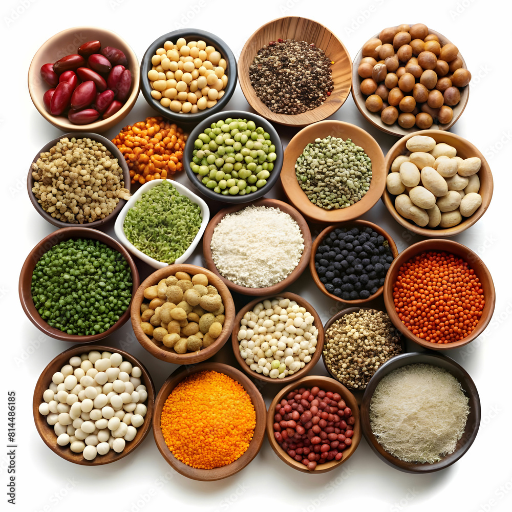 Set of superfoods, legumes, cereals, nuts, seeds in bowls on white table. top view Set of superfoods, legumes, cereals, nuts, seeds in bowls on white table. top view