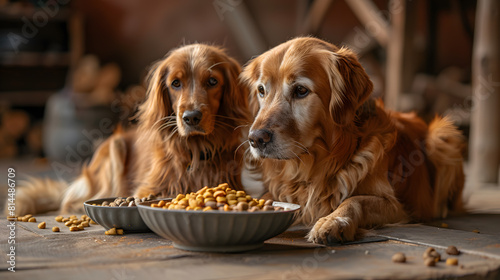 A photo featuring an endearing scene of a cat and dog sharing a meal together. Highlighting the camaraderie of their relationship as they dine side by side  while surrounded by bowls of delicious food