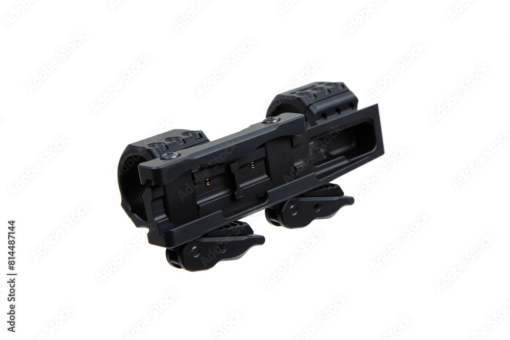 Quick disconnect mount made for holding a scope on a rifle isolated on white back. Quick Release Sniper Cantilever Scope Mount. Quick disconnect mount made for holding a scope on a rifle isolated on white back. Quick Release Sniper Cantilever Scope Mount.