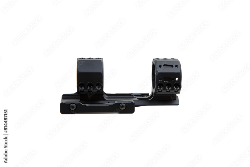 Quick disconnect mount made for holding a scope on a rifle isolated on white back. Quick Release Sniper Cantilever Scope Mount. Quick disconnect mount made for holding a scope on a rifle isolated on white back. Quick Release Sniper Cantilever Scope Mount.