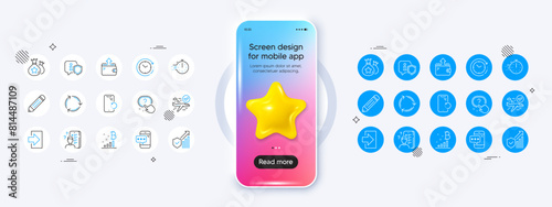 Survey, Cooking timer and Phone password line icons. Phone mockup with 3d star icon. Pack of Time change, Smartphone recovery, Shield icon. Question button, Bitcoin graph, Recycling pictogram. Vector