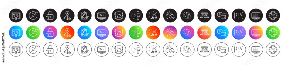 Discrimination, Balloon dart and Search employee line icons. Round icon gradient buttons. Pack of Stop talking, Loan, Web inventory icon. Vector Discrimination, Balloon dart and Search employee line icons. Round icon gradient buttons. Pack of Stop talking, Loan, Web inventory icon. Vector