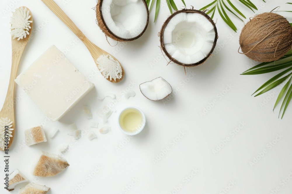 Coconut oil and soap on a white background, in a flat lay, from a top view, with space for text. Concept of skincare products. A top view of beauty products, natural handmade soap for skin care. Coconut oil and soap on a white background, in a flat lay, from a top view, with space for text. Concept of skincare products. A top view of beauty products, natural handmade soap for skin care.