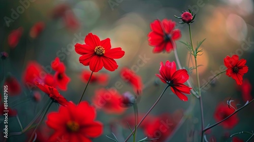 Vivid red cosmos flowers in bloom against soft background