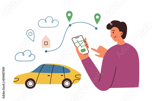 Man calls taxi ride by phone, cab mobile app illustration, hand drawn composition with cartoon person and yellow car, vector icon of smartphone with car sharing service, book transportation for trip
