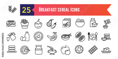 Breakfast cereal icons set outline vector. Snack granola. Bar cereal. Outline icon collection. Editable stroke.