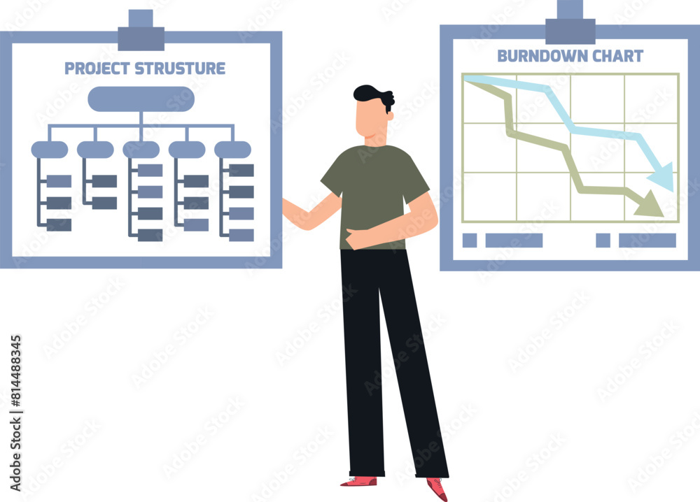 Guy looking at project structure and burndown chart. Guy looking at project structure and burndown chart.