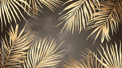 Premium gold, black background. Modern poster with tropical black and gold palm leaves and exotic flower. Invitation card for a wedding ceremony or holiday sale.