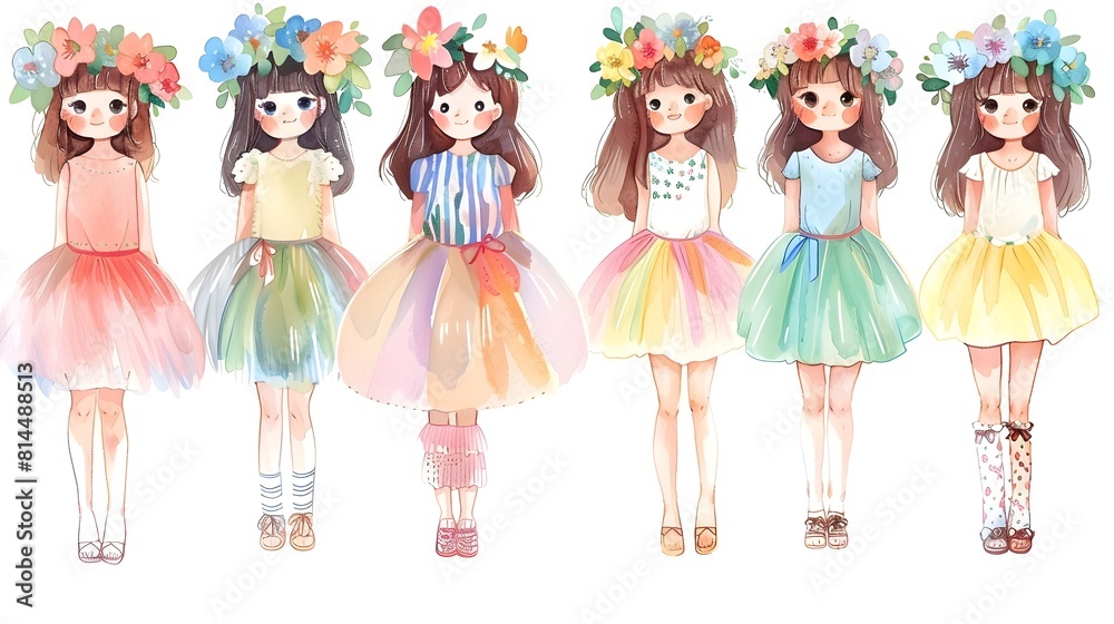 Whimsical Floral Fairy Tale Women in Pastel Dresses and Flower Crowns Whimsical Floral Fairy Tale Women in Pastel Dresses and Flower Crowns