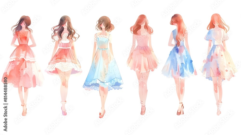 Elegant Watercolor Dresses and Fashion Depicting Graceful Flowing Feminine Silhouettes and Ethereal Whimsical Designs Elegant Watercolor Dresses and Fashion Depicting Graceful Flowing Feminine Silhouettes and Ethereal Whimsical Designs