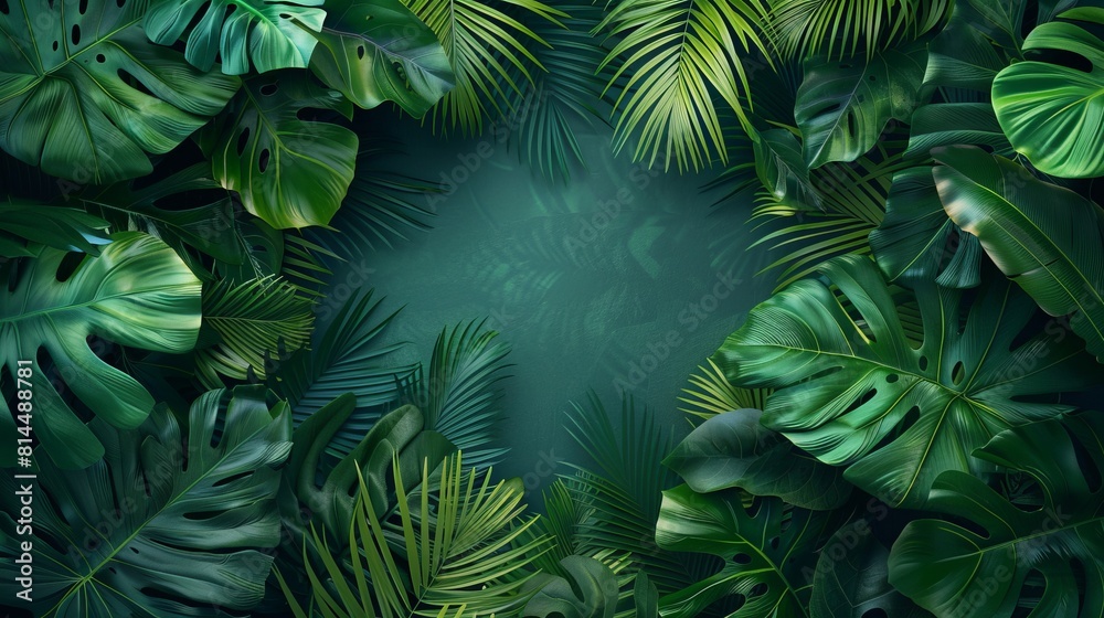 Fototapeta premium Minimalist tropical leaves forming a frame with a blank space for symbol or text.