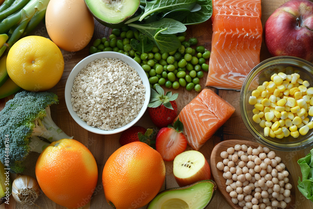 A variety of fresh, healthy low-calorie diet ingredients including fruits, vegetables, lean proteins, and whole grains artfully arranged on a clean surface 