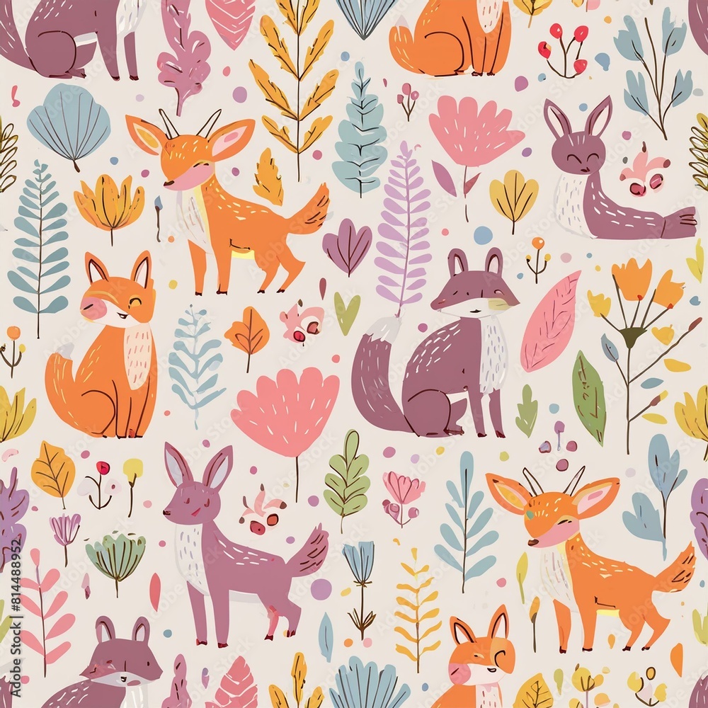 Obraz premium Design a pattern that combines whimsical forest animals like foxes, rabbits, and deer