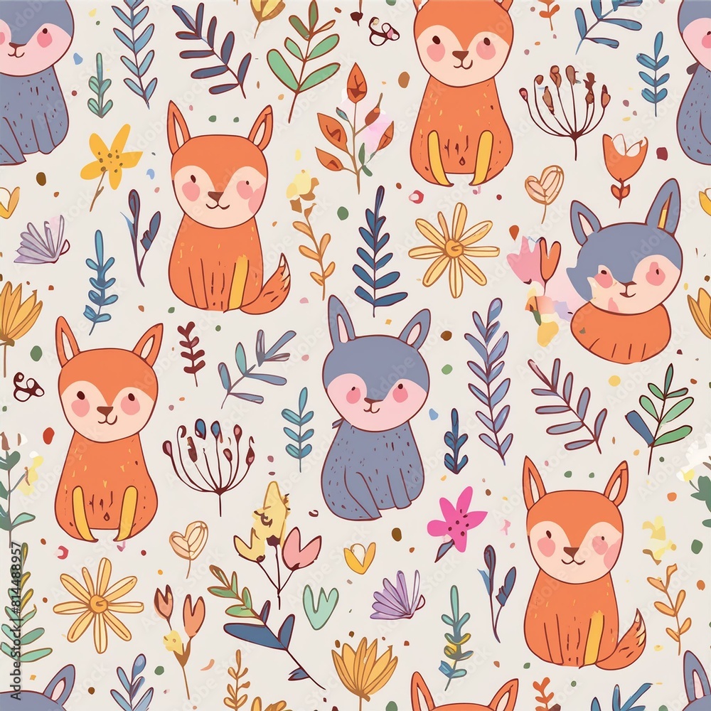 Design a pattern that combines whimsical forest animals like foxes, rabbits, and deer Design a pattern that combines whimsical forest animals like foxes, rabbits, and deer