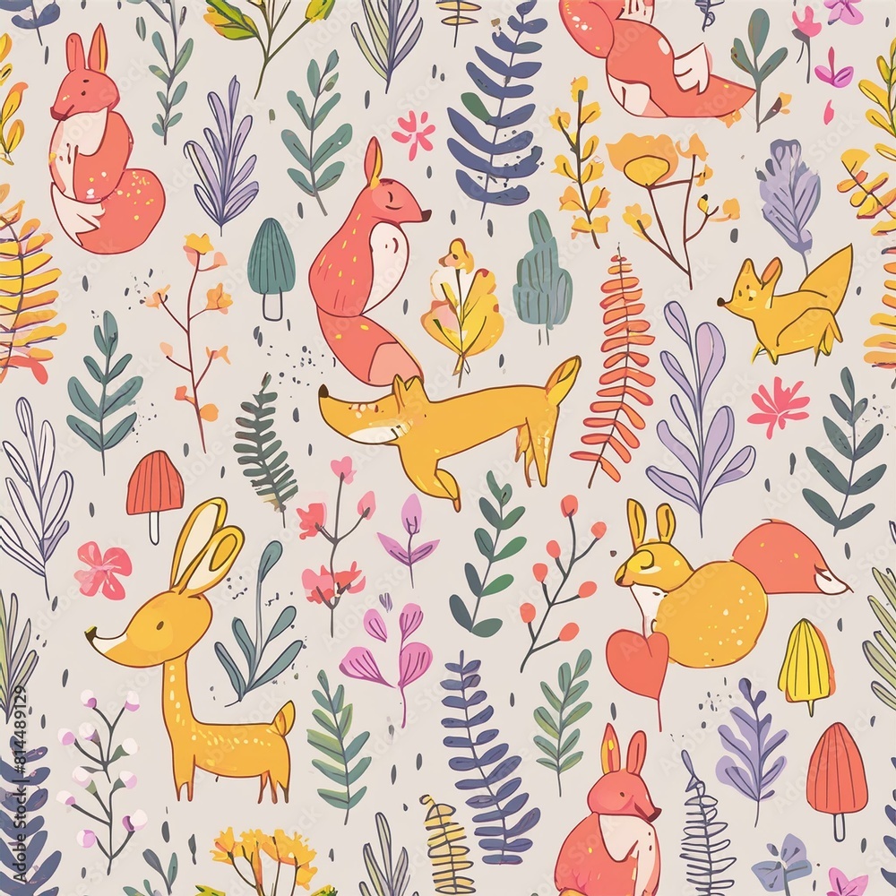 Obraz premium Design a pattern that combines whimsical forest animals like foxes, rabbits, and deer