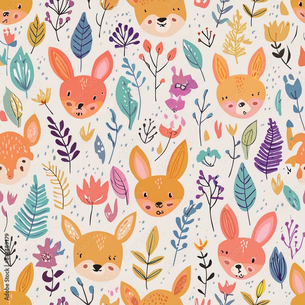 Design a pattern that combines whimsical forest animals like foxes, rabbits, and deer Design a pattern that combines whimsical forest animals like foxes, rabbits, and deer