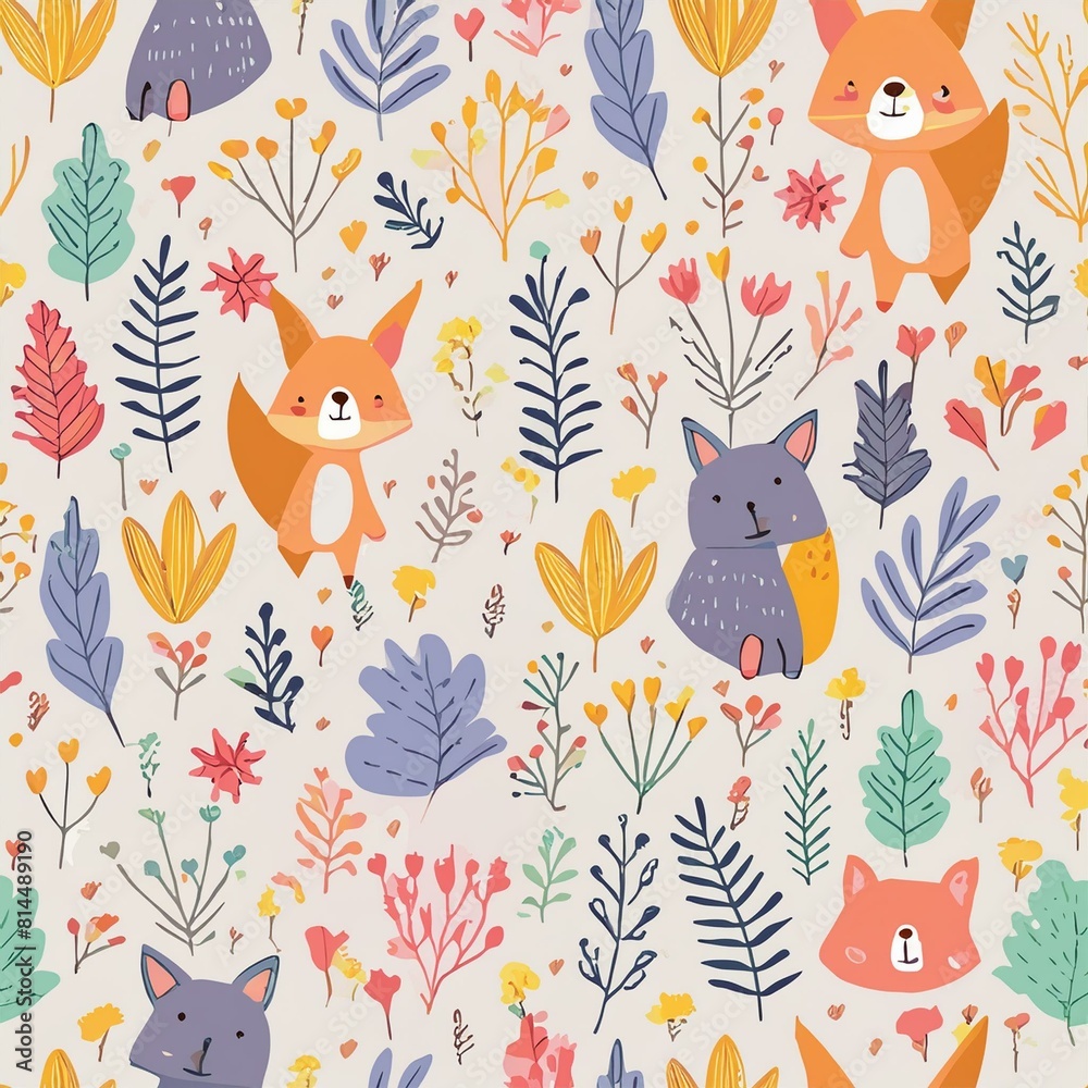 Design a pattern that combines whimsical forest animals like foxes, rabbits, and deer Design a pattern that combines whimsical forest animals like foxes, rabbits, and deer
