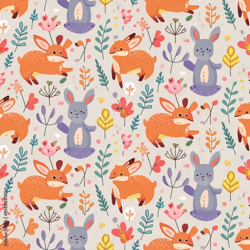 Fototapeta premium Design a pattern that combines whimsical forest animals like foxes, rabbits, and deer