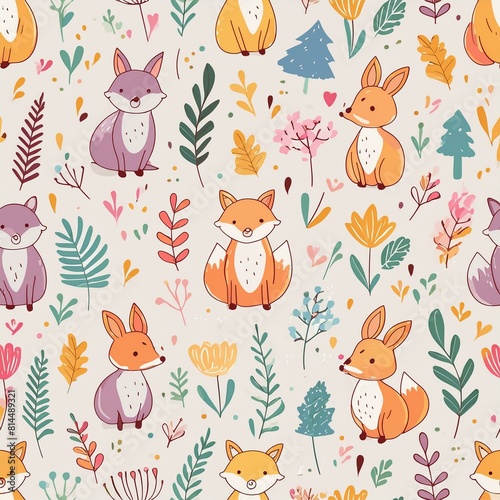 Design a pattern that combines whimsical forest animals like foxes, rabbits, and deer