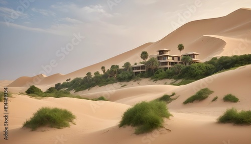 A lush oasis surrounded by towering sand dunes upscaled_3