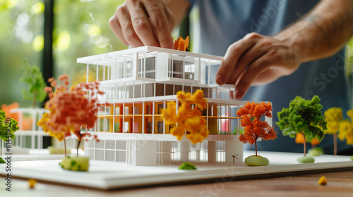 close up of a person working on a modern building model, architect working photo