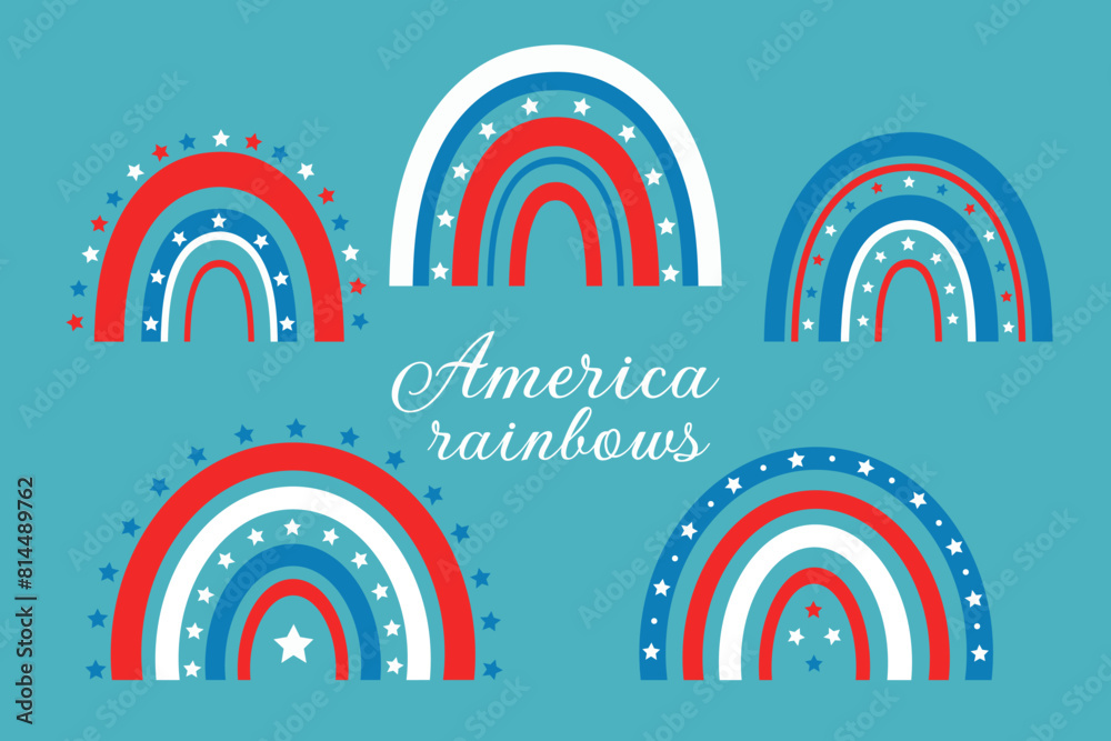 Set of red blue white rainbows for the 4th of July celebration. Vector graphics.