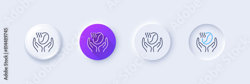 Coffee line icon. Neumorphic, Purple gradient, 3d pin buttons. Hold roasted bean sign. Love caffeine symbol. Line icons. Neumorphic buttons with outline signs. Vector