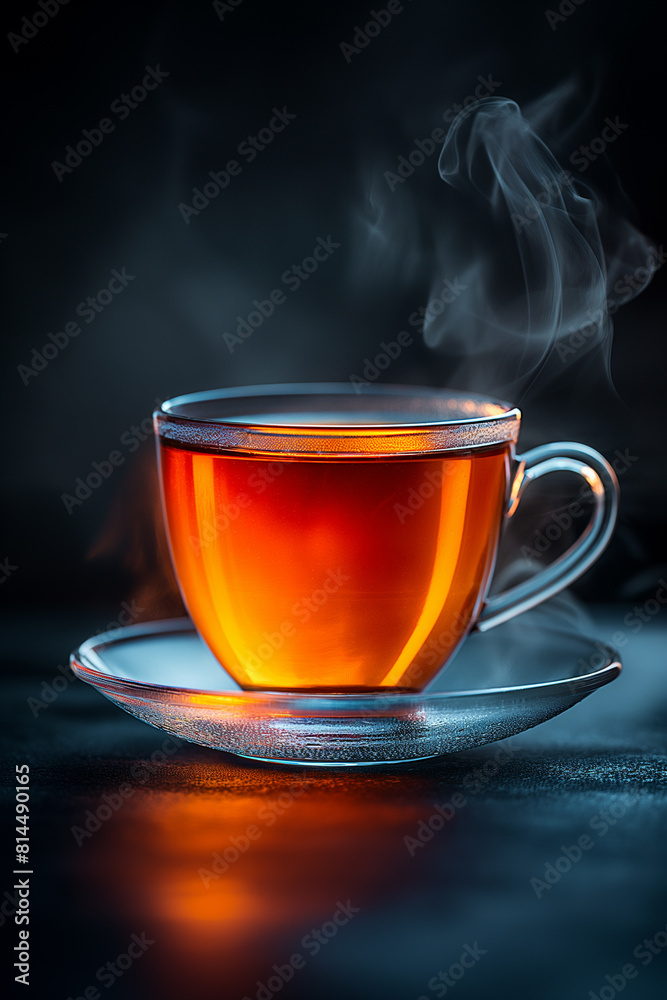 A glass cup of tea, steaming hot with smoke rising from the top of a dark background. There's soft lighting casting gentle shadows around the scene. A glass cup of tea, steaming hot with smoke rising from the top of a dark background. There's soft lighting casting gentle shadows around the scene.