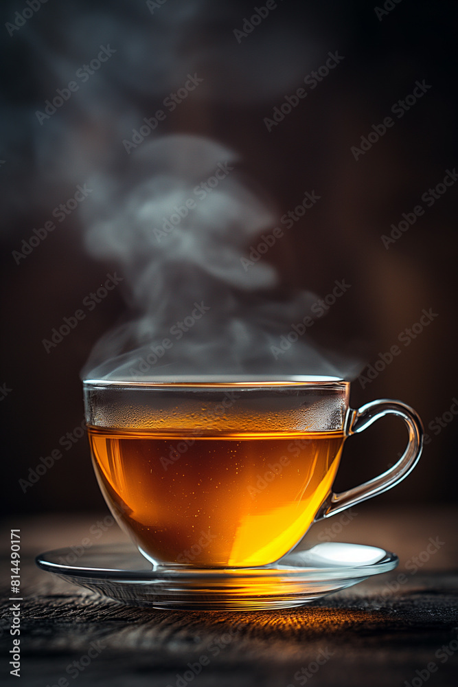 A glass cup of tea, steaming hot with smoke rising from the top of a dark background. There's soft lighting casting gentle shadows around the scene. A glass cup of tea, steaming hot with smoke rising from the top of a dark background. There's soft lighting casting gentle shadows around the scene.