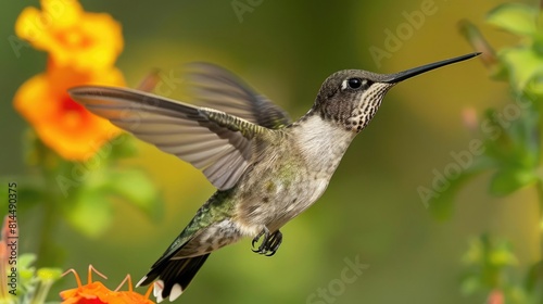 Black Chinned Hummingbird Hovering by a chuparosa flower - Generative AI 