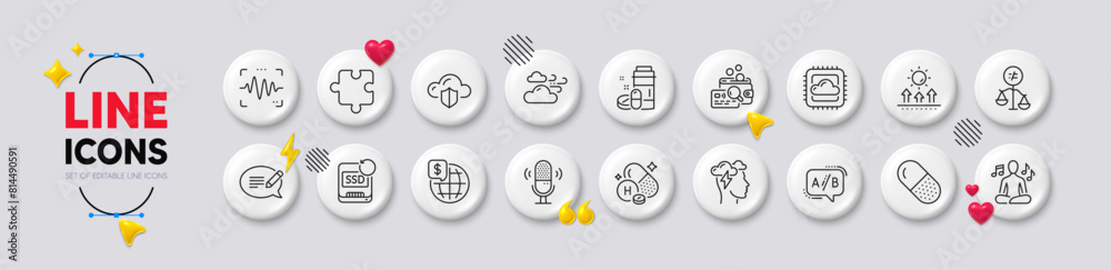 Voice wave, Cloud computing and Yoga music line icons. White buttons 3d icons. Pack of Vitamin h, Inspect, Puzzle icon. Recovery ssd, Microphone, Cloud protection pictogram. Vector Voice wave, Cloud computing and Yoga music line icons. White buttons 3d icons. Pack of Vitamin h, Inspect, Puzzle icon. Recovery ssd, Microphone, Cloud protection pictogram. Vector